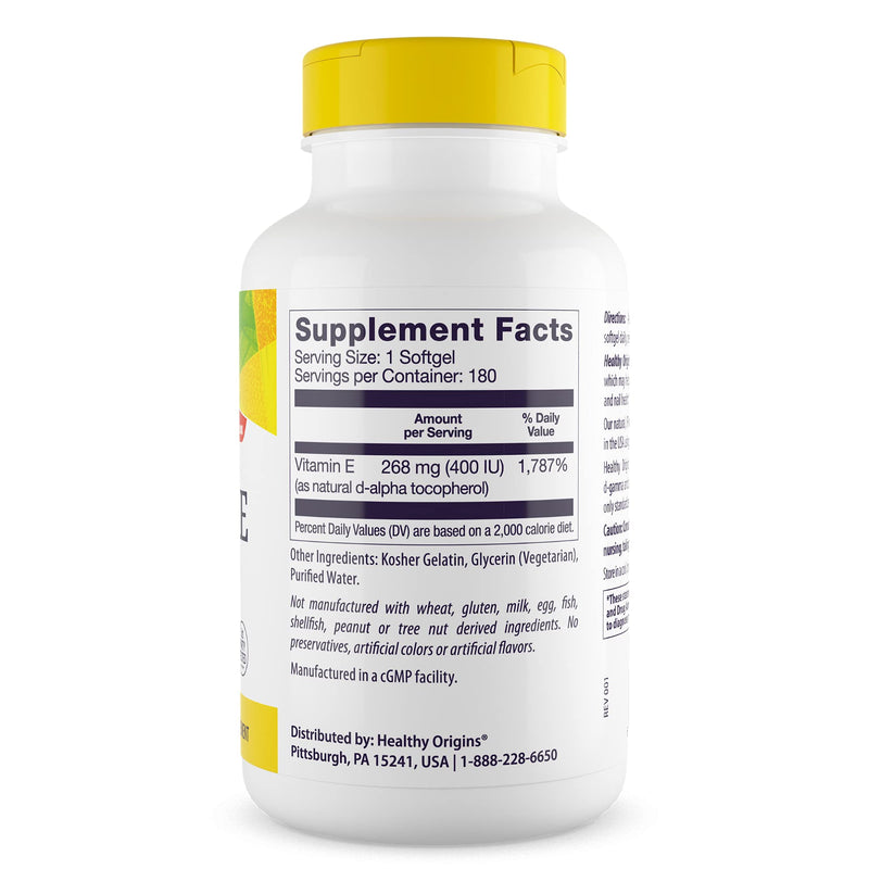 Healthy Origins Vitamin E 400 IU, Natural Mixed Tocopherols, 180 Softgels 180 Count (Pack of 1)