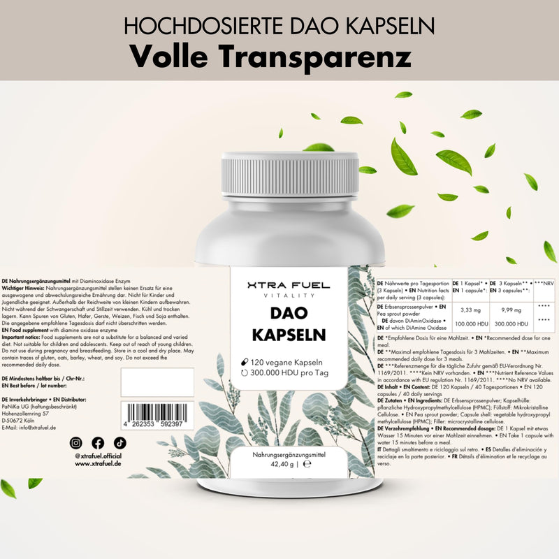 [Australia] - DAO capsules 120 pieces (high dosage) - 300,000 HDU per daily dose - DAO enzyme from pea protein - vegan & laboratory tested 120 capsules 