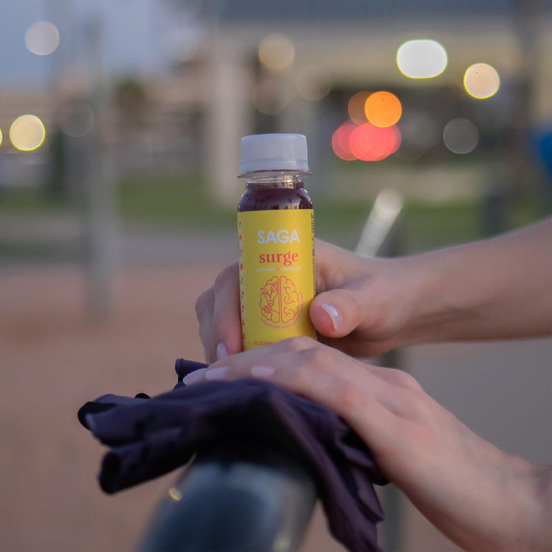 [Australia] - SAGA Surge Organic Energy Shots | Yerba Mate & Alpha GPC Supplement with CoQ10, Turmeric & Mushrooms | Pre Workout Boost Drink for Focus & Performance | 2oz Peach Mango 2 Fl Oz (Pack of 6) 