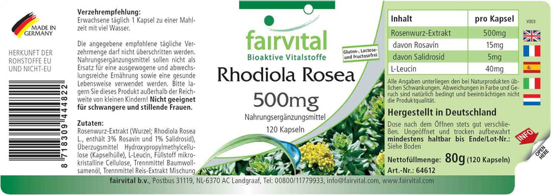 [Australia] - Fairvital | Rhodiola Rosea Capsules 500mg - 120 Capsules - Roseroot Root Extract - HIGH DOSE - Vegan - 3% Rosavin (15mg) / 1% Salidroside (5mg) 