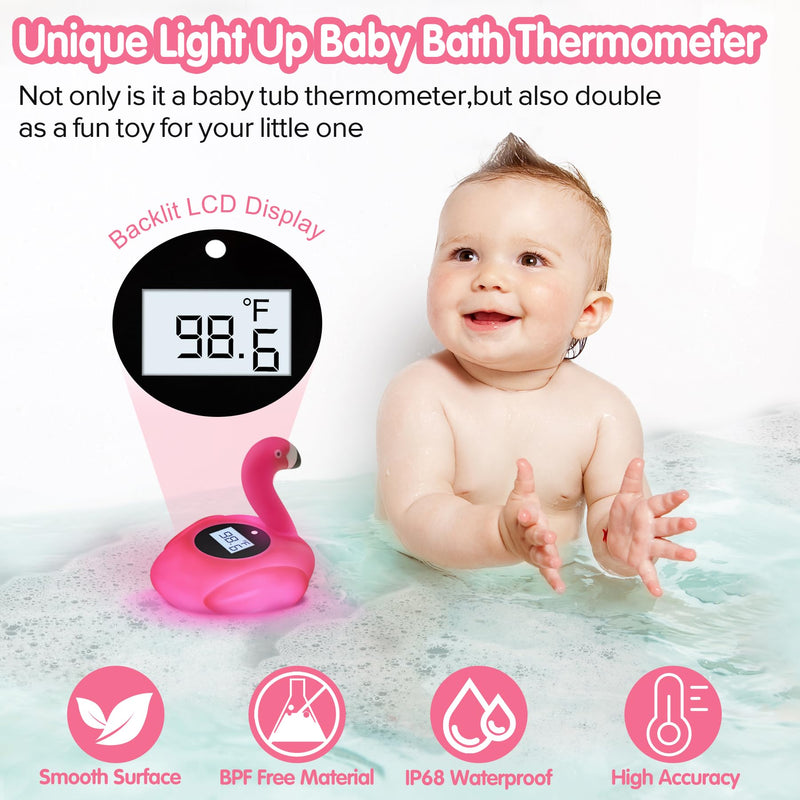 Rechargeable Baby Bath Thermometer Newborn with Light, BPA-Free Flamingo Bath Thermometer Baby Safety, IP68 Waterproof Bathtub Thermometer Floating Bath Toy,Baby Water Temp & Room Thermometer