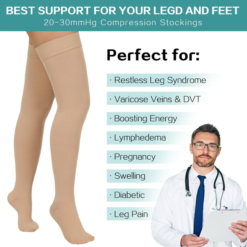 2 Pairs Compression Stockings for Women & Men, 20-30mmHg Thigh High Compression Socks, Medical Compression Socks with Silicone Dot Band--Best Support for Nursing Sports Varicose Veins Closed Toe--beige Large