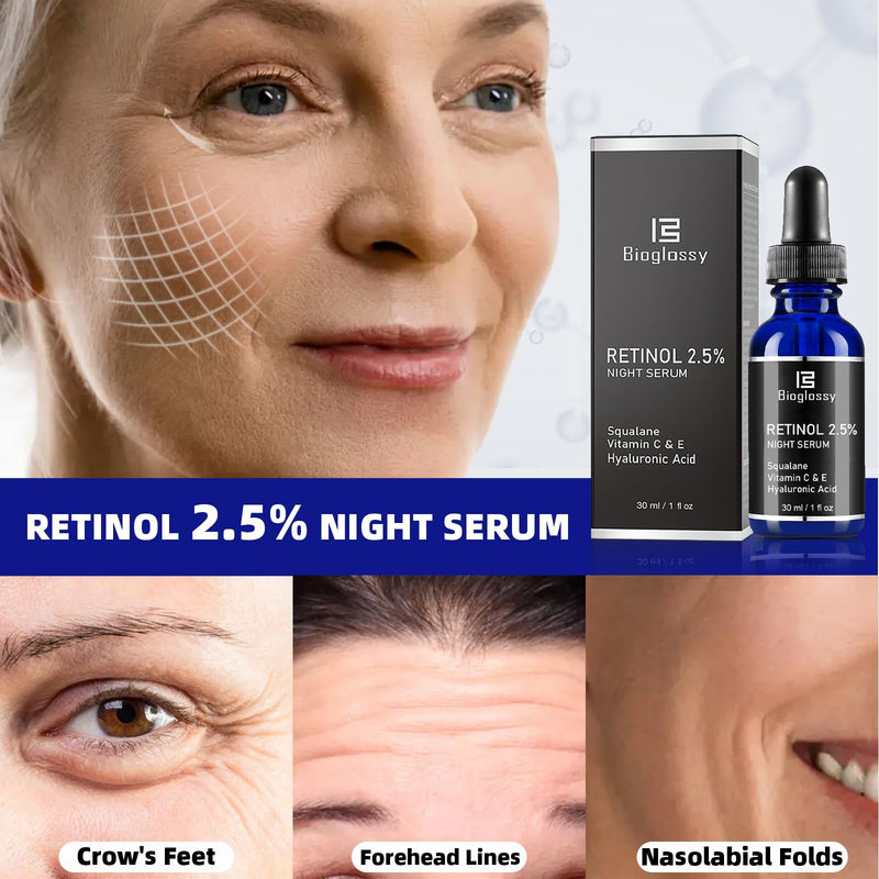 Retinol Serum for Face, 2.5% Retinol Intense Night Serum with Squalane,Vitamin C & E & B3,Hyaluronic Acid for Lines, Wrinkles & Premature Sun Damage to Resurface & Hydrate 30 ml/ 1 Fl oz Retinol Serum for Face