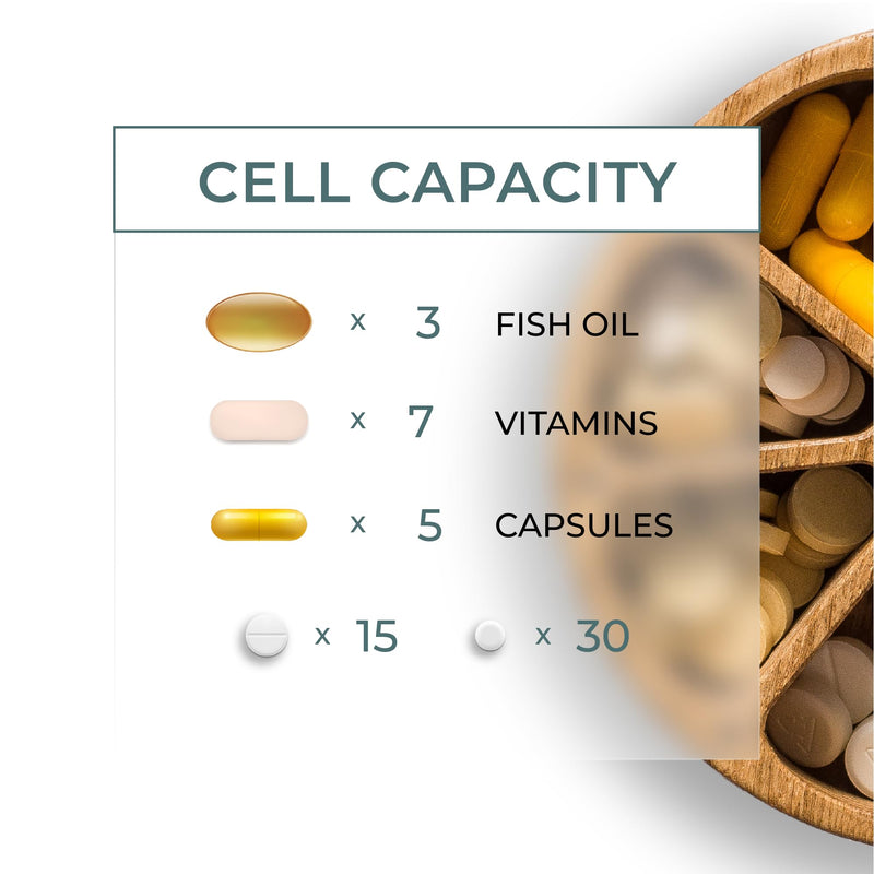 Makety Wooden Weekly Pill Organizer - 7 Day Round Pill Box with Magnetic Lid, Compact Travel Medicine Holder - Natural Oak Wood M