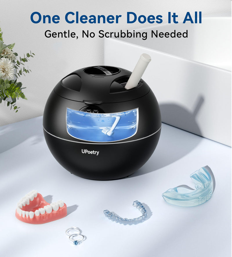 [Australia] - Ultrasonic Retainer Cleaner, 45kHz Retainer Cleaner Machine with Digital Timer & 4 Modes, 200ML Portable Dental Cleaning Pod for Aligners, Dentures, Night Guards, Braces, Jewelry, Black 