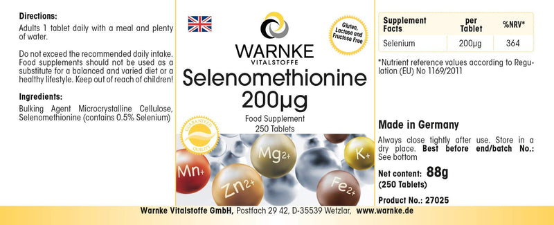 [Australia] - Selenium tablets - 200mcg - Selenomethionine - vegan - 250 tablets | Warnke vital substances - German pharmacy quality 