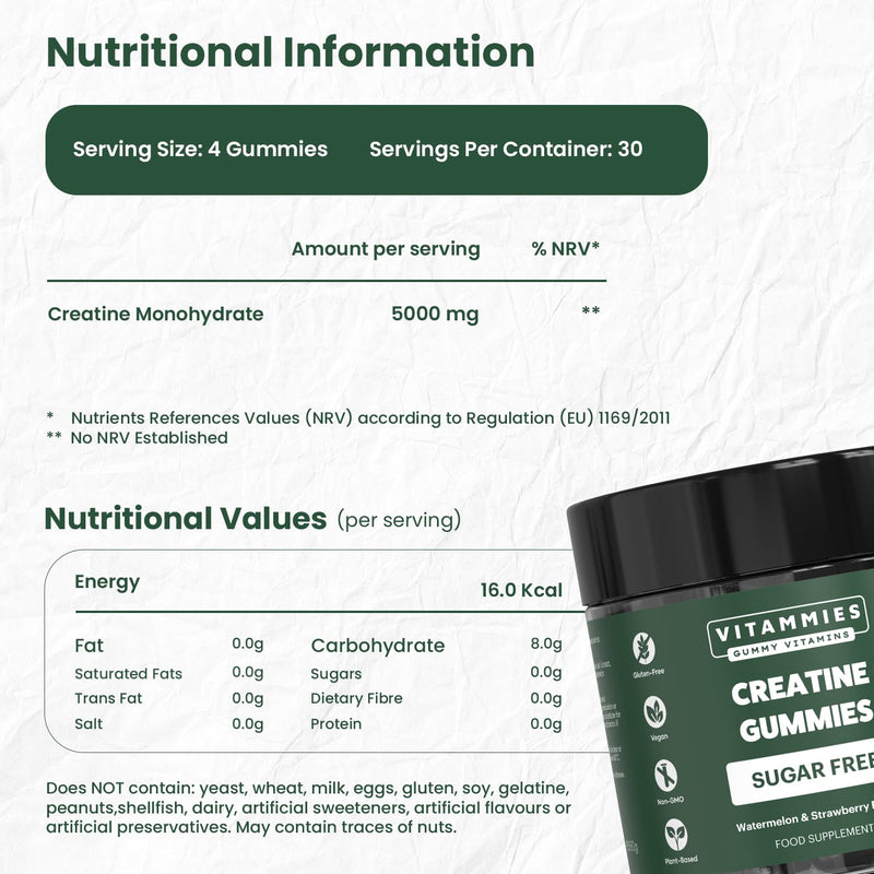 Vitammies Vegan Sugar Free Creatine Monohydrate Gummies for Muscle Gain | More Strength | Faster Recovery | Clinically Studied Creatine 5g Dose | Watermelon Strawberry Flavour | 30 Servings