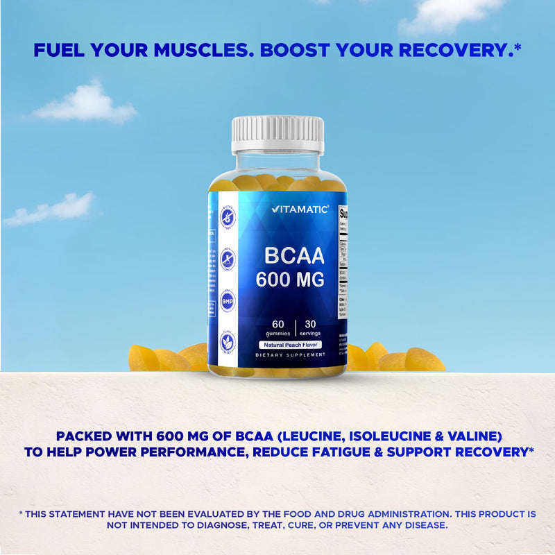 Vitamatic BCAA Gummies - Branch Chain Amino Acid Supplements - Peach Flavor - 600mg per Serving - 60 Vegan Pectin Based Gummies