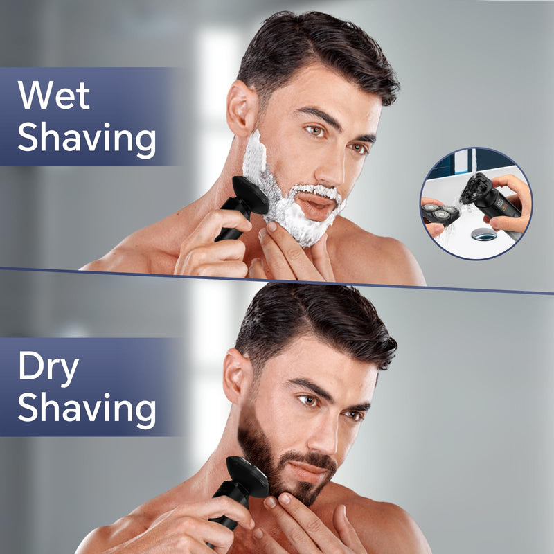 [Australia] - Electric Razor for Men, Rechargeable Electric Shaver for Men, Waterproof 3D Rotary Shaving, Wet/Dry Cordless 3-in-1 Electric Shaver with Beard Trimmer, Sideburn & Nose Hair Groomer 