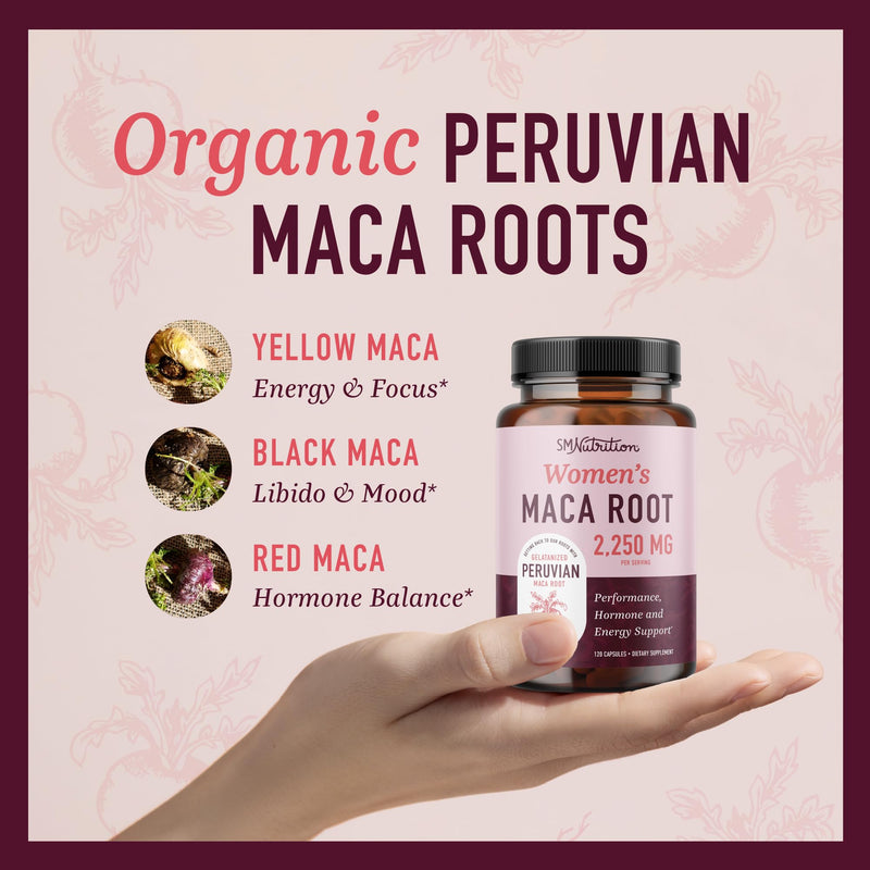 [Australia] - Organic Maca Root Capsules for Women | Peruvian Maca 2250MG Extra Strength | Red, Black & Yellow Root Powder with Black Pepper | Herbal Supplement to Support Energy & Hormone Balance | 120 Ct Maca Capsules 