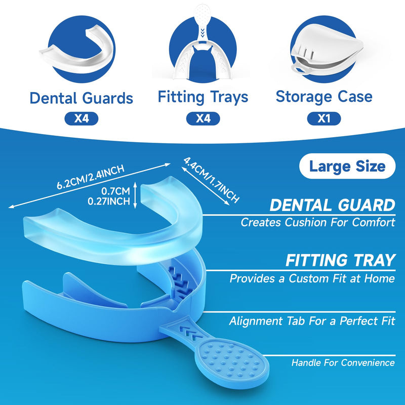 [Australia] - Upgraded Mouth Guards for Grinding Teeth at Night, 4 Pack,Standard Size, Professional Night Guard with Fitting Tray, Comfortable Mouth Guard for Clenching Teeth at Night Blue 