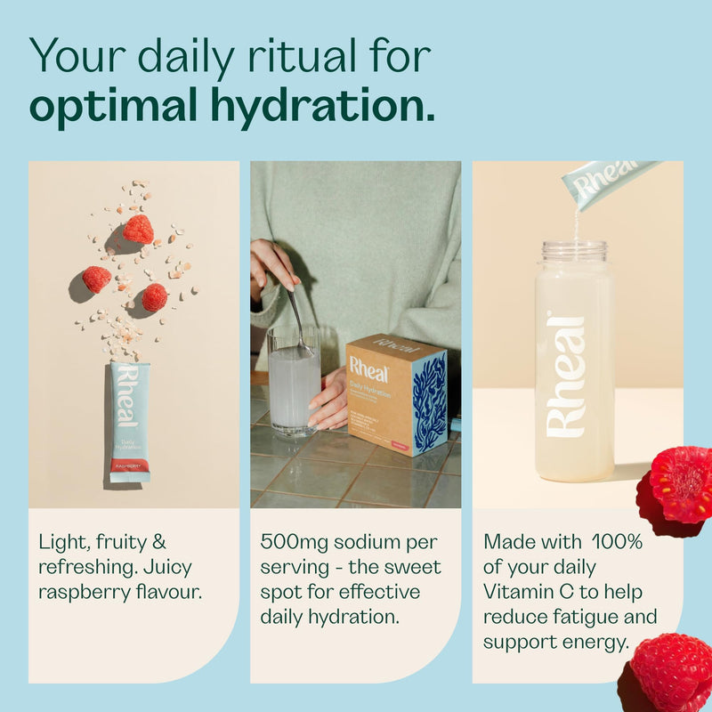 Rheal Hydration Sachets, 28 Pack, Ready to Mix, Essential Electrolytes & Vitamin Drink Powder, Sugar Free, Daily Hydration, Energy, Focus, Recovery & Reduced Fatigue – Raspberry