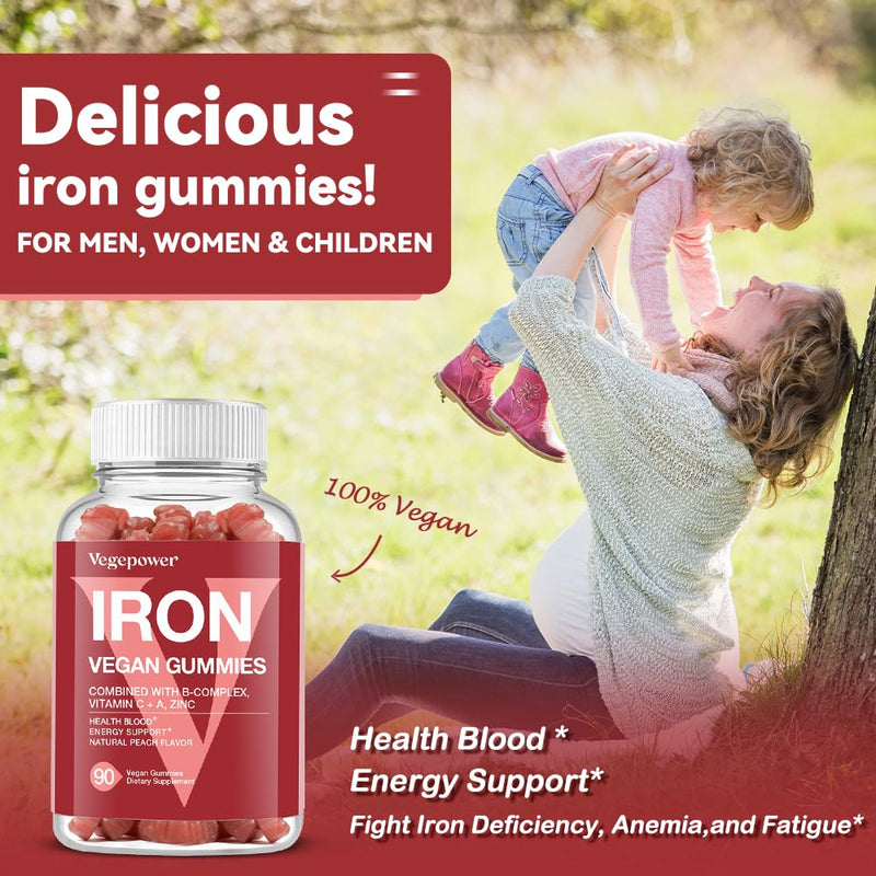 Vegan Iron Gummies Supplement for Adults & Kids, Peach, 90 Ct | with Vitamin C, A, B-Complex, Folate, Zinc - Healthy Blood & Energy Support for Iron Deficiency, Anemia, No Gelatin, Non-GMO 90 Count (Pack of 1)