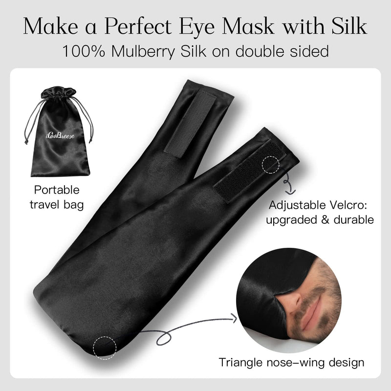 [Australia] - 100% Natural Silk Eye Mask for Women Men, Soft Pressureless Cooling Blackout Eye Covers for Sleeping, Large Size Sleep Mask fits All Heads Adjustable, 1PC, Black 