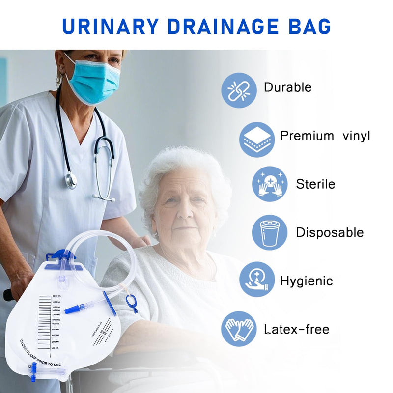 [Australia] - 5 Pack Sterile Urinary Drainage Bag,2000mL Overnight Bedside Disposable Urine Bags with Anti-Reflux Valve, 48" Tube Drainage 2000ml-5pack 