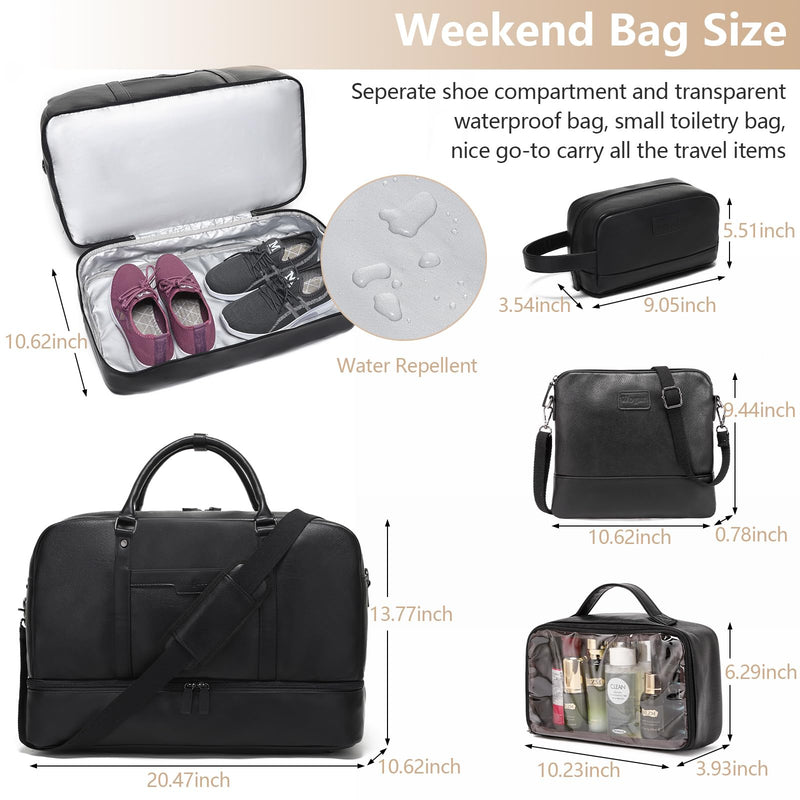 4-in-1 Leather Duffle Bag Weekender Bag for Women Men Large Overnight Bag | Hospital Gym Bag Carry On Personal Item Travel Duffel Bags with Shoe Compartment Toiletry Satchel Bag Fit 21" Laptop Black