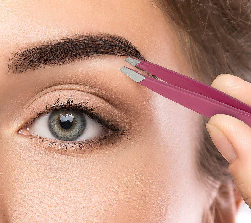 [Australia] - Slant Tweezer - Handmade in Switzerland - Professional Eyebrow & Facial Hair Remover - Etched Interior Grabs Hair from The Root - Perfectly Aligned Tips - Stainless Steel, Pink 