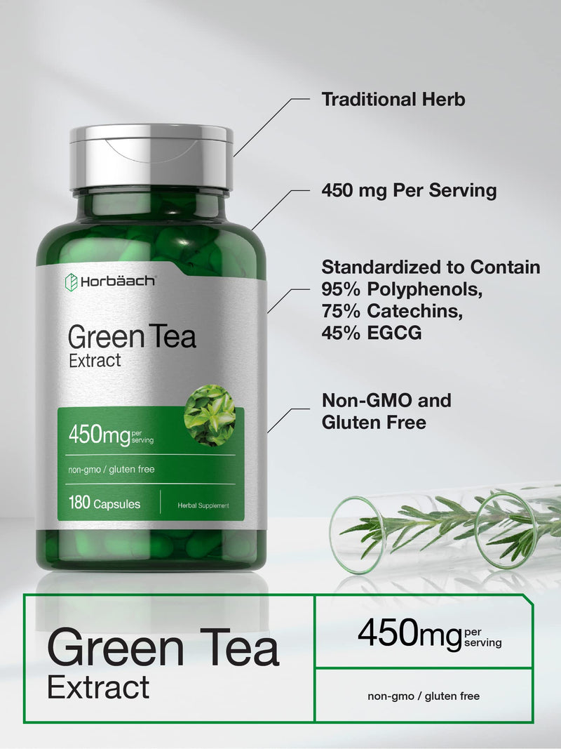 Horbäach Green Tea Extract Capsules 450mg | 180 Count | Herbal Supplement | Non-GMO and Gluten Free