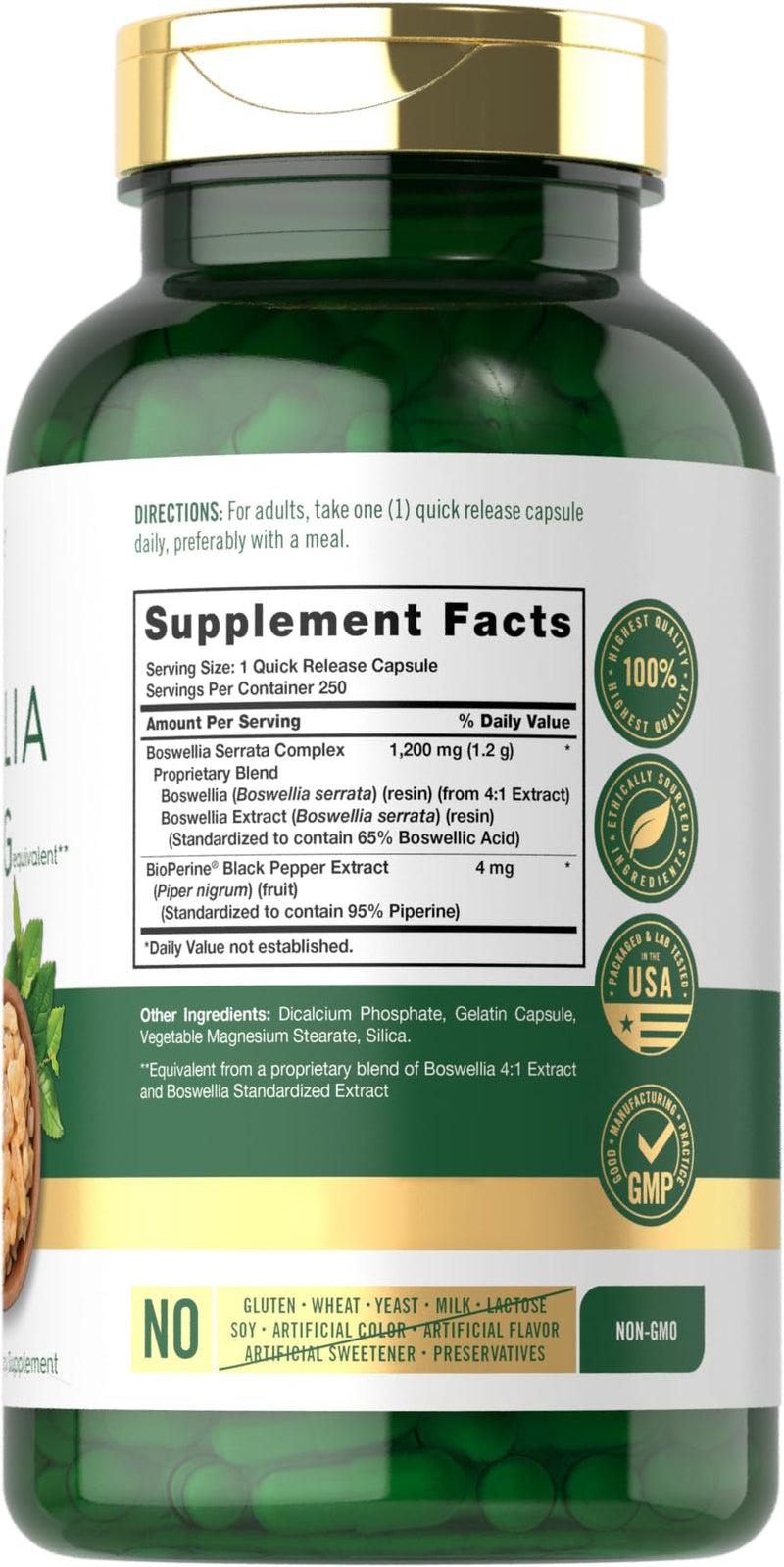 [Australia] - Carlyle Boswellia Extract Capsules 1200mg | 250 Count | Boswellia Serrata Complex with Black Pepper Extract | Non-GMO, Gluten Free Supplement 