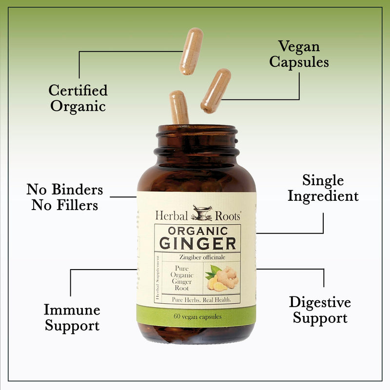 [Australia] - Herbal Roots Ginger Supplement | Organic Ginger Root Capsules | 1,200 mg of Pure Ginger Powder per Serving | 60 Vegan Capsules 