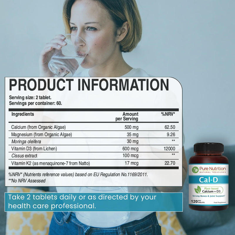Pure Nutrition Cal D - Plant Based Calcium with VIT D3 K2 & Magnesium | 120 Tabs | 1000mg Vegan Calcium per Serving | Supplement for Bone Health