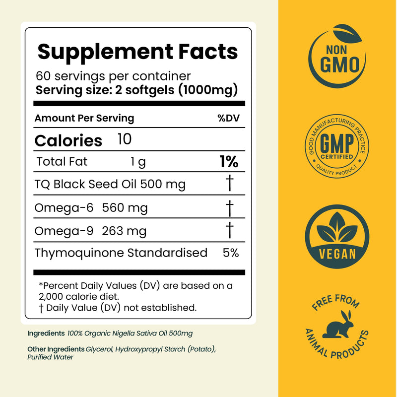 [Australia] - Holistiq Black Seed Oil Organic Cold Pressed Capsules | 5% Thymoquinone | Non-GMO & Vegan | Nigella Sativa Black Cumin Seed Oil, Omega 3 6 9 Adult Immunity Support - 120 Softgels, 2 Months Supply 120 Count (Pack of 1) 