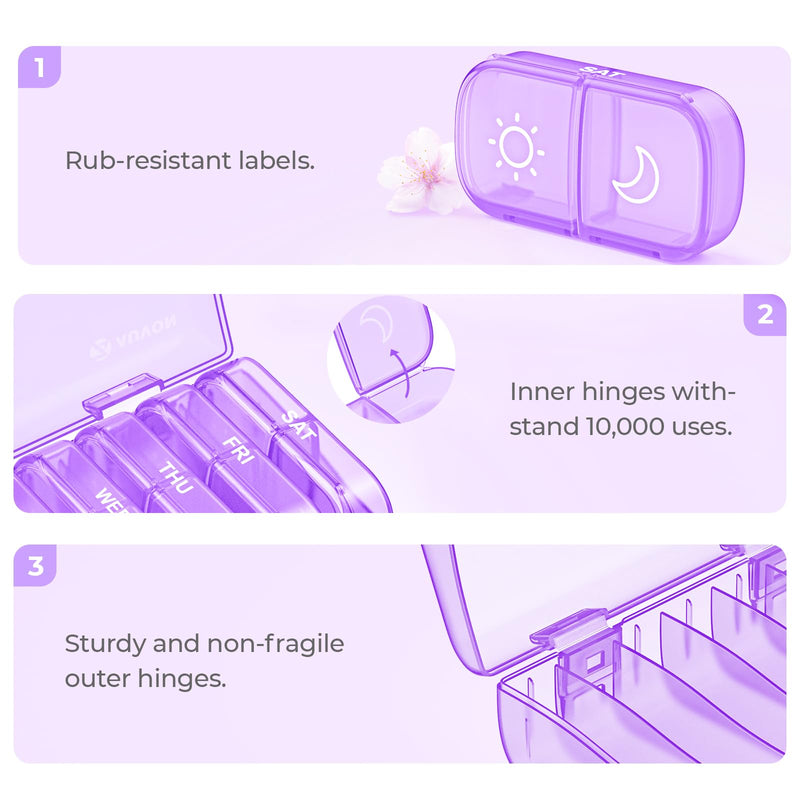 AUVON Weekly Pill Organizer 2 Times a Day, One-Side Large Opening, Easy‑Use | XL AM PM Pill Case, Travel Pill Box 7 Day, Medication Organizer for Medications, Vitamins, Fish Oils, Supplements, Purple