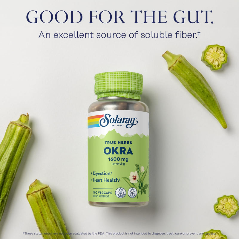 [Australia] - SOLARAY Okra Fruit 1600 mg - High Fiber Supplement for Wellness Support - Rich Source of Soluble Fiber - Equivalent of 6.4 g Fresh Okra per Serving, Vegan, 60-Day Guarantee - 25 Servings, 100 VegCaps 