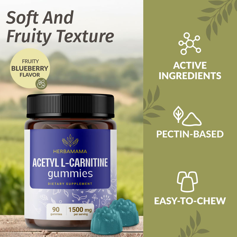 [Australia] - HERBAMAMA ALCAR Acetyl L-Carnitine 1500mg Gummies - L Carnitine Supplement for Energy, Focus & Brain Support - Vegan, Non-GMO - 90 Pectin-Based Blueberry-Flavored Chews 