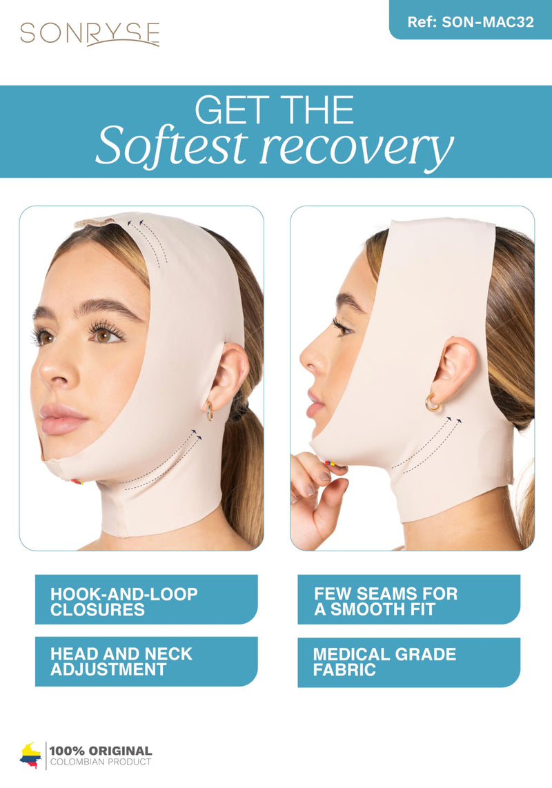 Sonryse MAC32VE Post Surgery Chin Lift After Lipo Compression Chin Support Garment Post Surgical Facial Beige L Large Open-ear Strap - Beige