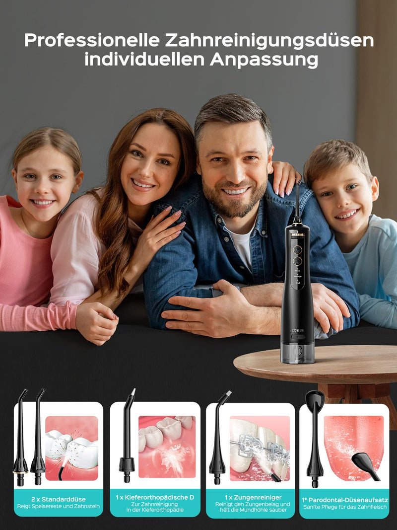 [Australia] - Oral Irrigator Wireless 2025 Upgraded COSLUS Electric Tooth Cleaner: 10 Levels Gentle Control & 300ML Water Tank Portable Rechargeable Dental Irrigator Teeth Flosser Waterproof Oral Irrigator Test Winner Black 
