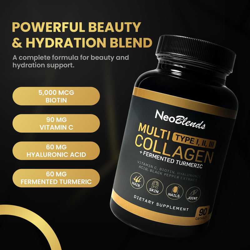 Multi Collagen + Fermented Turmeric – Hydrolyzed Collagen Types I, II & III with Biotin, Hyaluronic Acid & Vitamin C – Skin, Hair, Nail & Joint Support – 90 Capsules