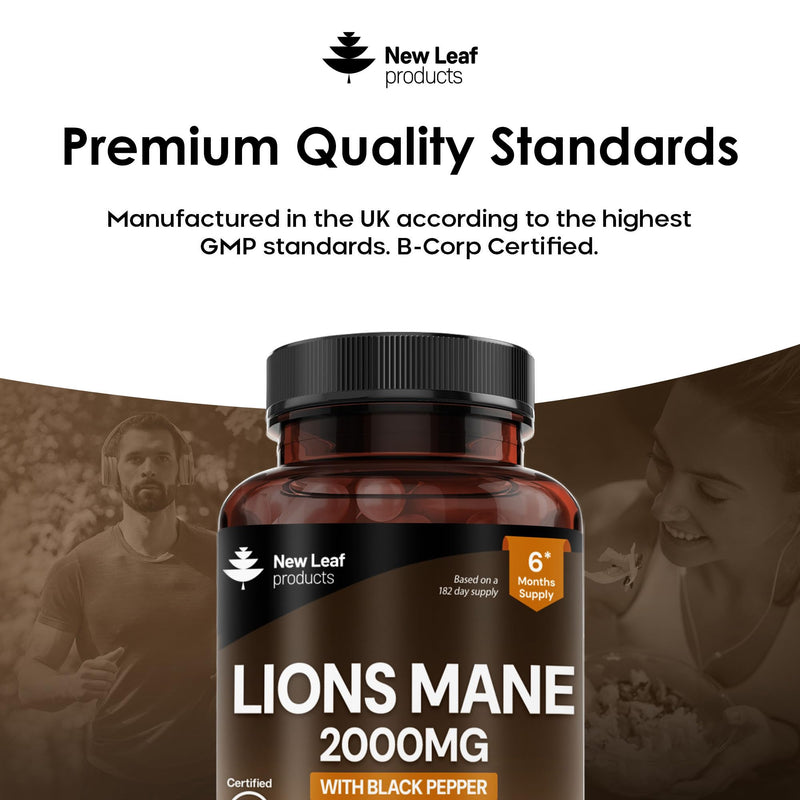 Lions Mane Mushroom 2000mg - 365 High Strength Vegan Tablets - Lion's Mane Supplement with Black Pepper - Lion's Mane Mushrooms Extract (Not Powder or Capsules) Made in The UK by New Leaf Products 365 count (Pack of 1)