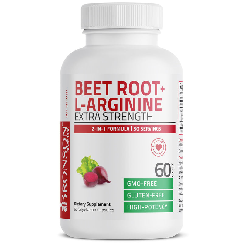 Bronson Beet Root + L-Arginine Nitric Oxide & Stamina Support, 60 Capsules | 2-in-1 Performance Formula, Cardiovascular & Circulation Support, Vegetarian, Non-GMO & Gluten-Free 60 Count (Pack of 1)