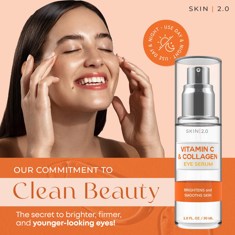 Skin 2.0 Vitamin C & Collagen Under Eye Serum – Dermatologist Tested, Anti Aging Korean Skin Care – Targets Dark Circles, Puffiness & Fine Lines for Smoother, Firmer Eyes – Vegan Clean Beauty, 1 fl oz Vitamin C & Collagen Eye Serum