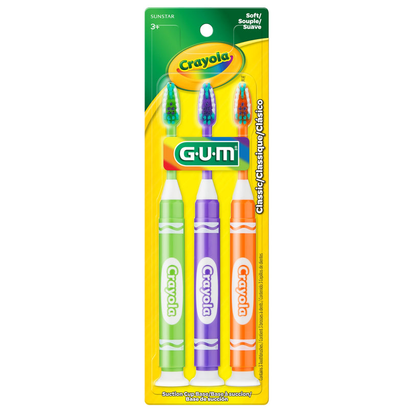 GUM Crayola Marker Children’s Toothbrush, Soft Bristled Kids’ Toothbrush Set Age 5+, Suction Cup Base, 3ct