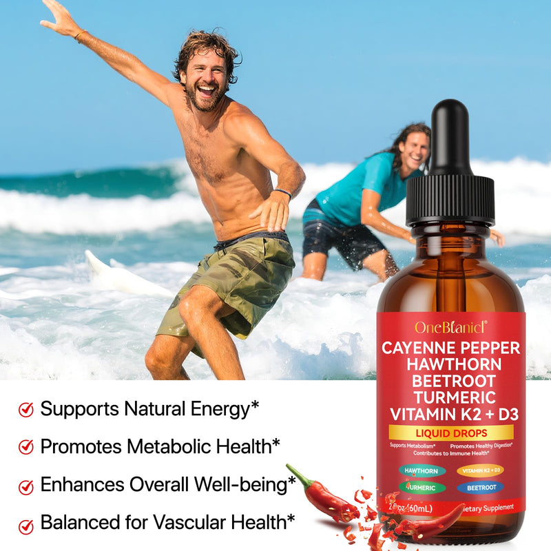 [Australia] - Cayenne Pepper Drops Supplement Liquid 60ml Herbal Supplements Cayenne Pepper Hawthorn Beet Root Turmeric Curcumin, Vitamin K2 & D3 Extract Organic 