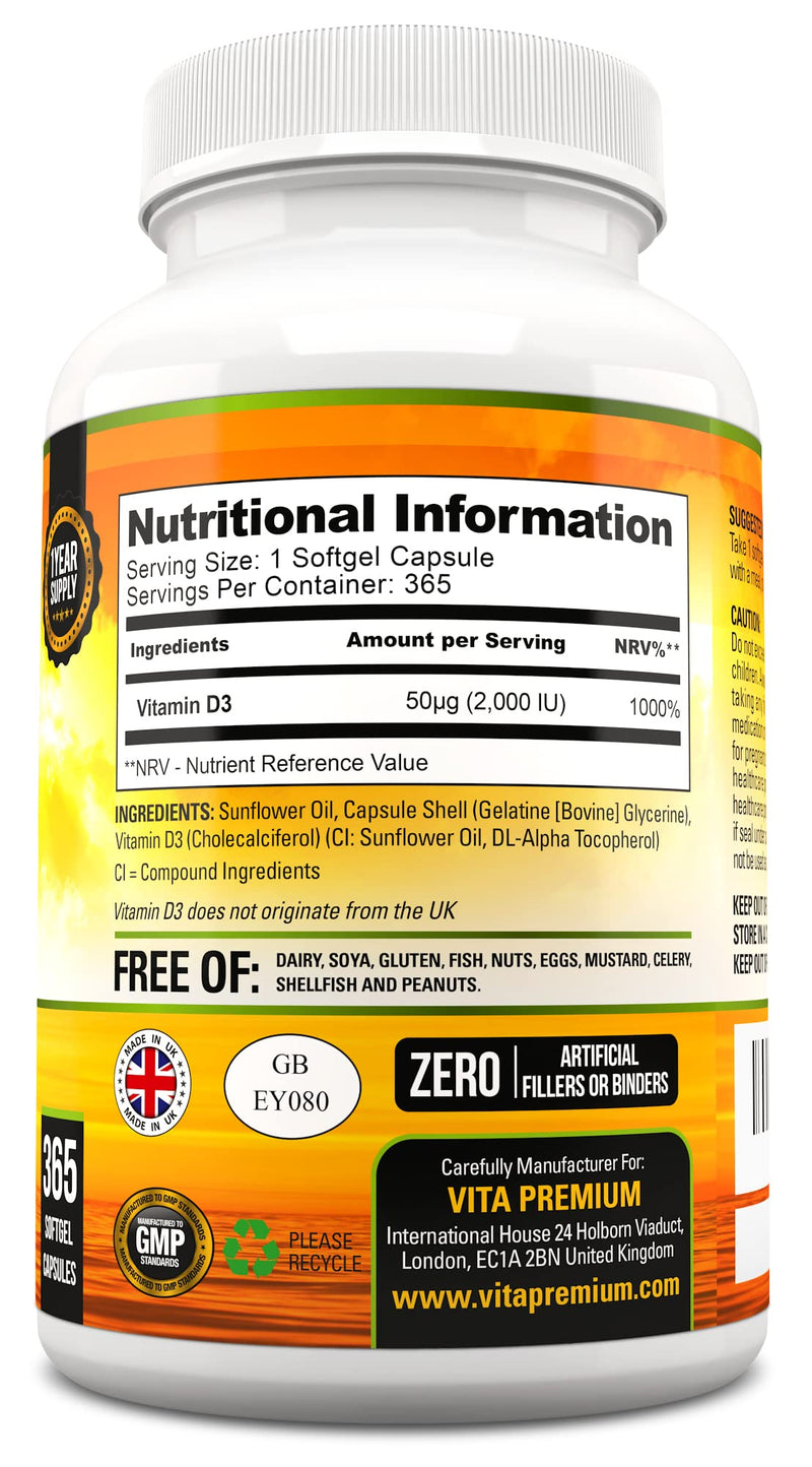 Vitamin D 2,000 IU, Optimal Strength Vitamin D3 Supplement, 365 Easy to Swallow Softgels - Full Year Supply 365 count (Pack of 1)