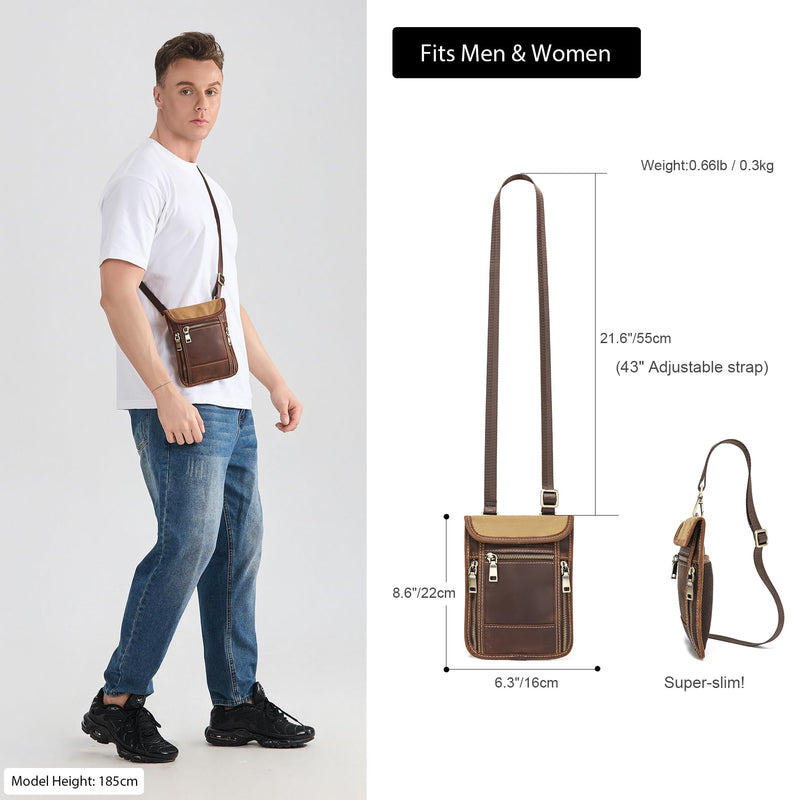 LANNSYNE Full Grain Leather Travel Wallet, Leather Cell Phone Belt Bag, Waist Pack Pouch, Neck Wallet Travel Pouch and Passport Holder for Men and Women Keep Valuables Safe Brown