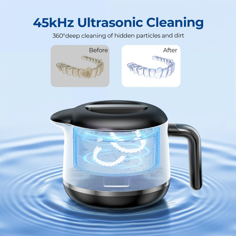 [Australia] - Ultrasonic Retainer Cleaner Machine - 45kHz Ultrasonic Jewelry Cleaner - 200ML Mouth Guard & Denture Cleaner Pod - 5 Modes with Digital Timer - Upgrade Water Bottle Design,Bright Black 