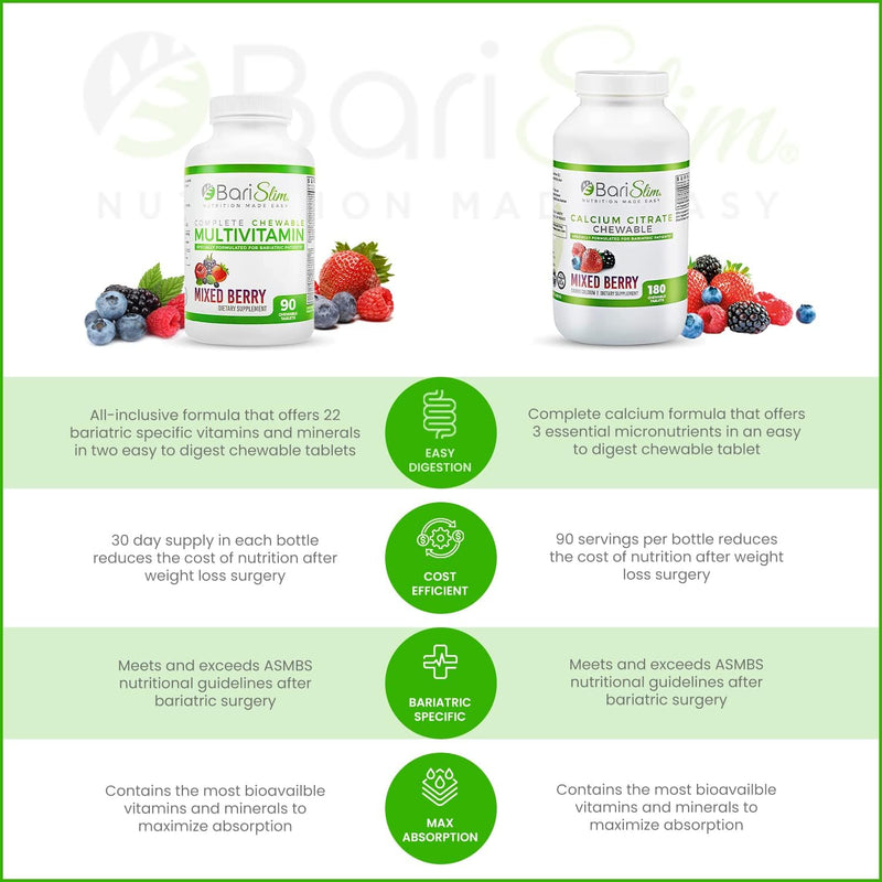 BariSlim Bariatric Calcium Citrate & Complete Chewable Bariatric Multivitamin - Bariatric Vitamin and Supplement for Post Bariatric Surgery Including Gastric Bypass and Gastric Sleeve