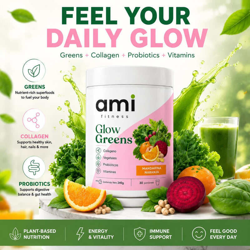ami fitness Glow Greens, Collagen Greens Drink Mix with Probiotics, Digestive Enzymes, Vitamins and Superfood Greens, Mandarin Orange Flavor, 240 g, 30 Servings 1 Count (Pack of 1)