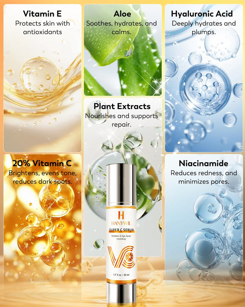 HANYWIL Vitamin C Serum for Mature Skin, 20% Vitamin C Face Serum with Hyaluronic Acid, Dark Spot Remover, Hydrating Skincare for Wrinkle Reduction, Lifting & Firming - 1.7 fl 1.7 Fl Oz (Pack of 1)