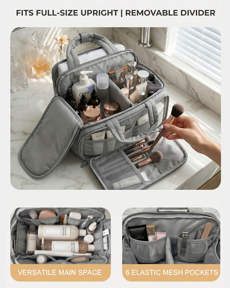 Large Quilted Toiletry Bag for Women, Puffy Travel Makeup Organizer with Removable Divider & Shoulder Strap, Waterproof Standing Cosmetic Case for Full-Size Toiletries, Gym, Vacation Light Gray