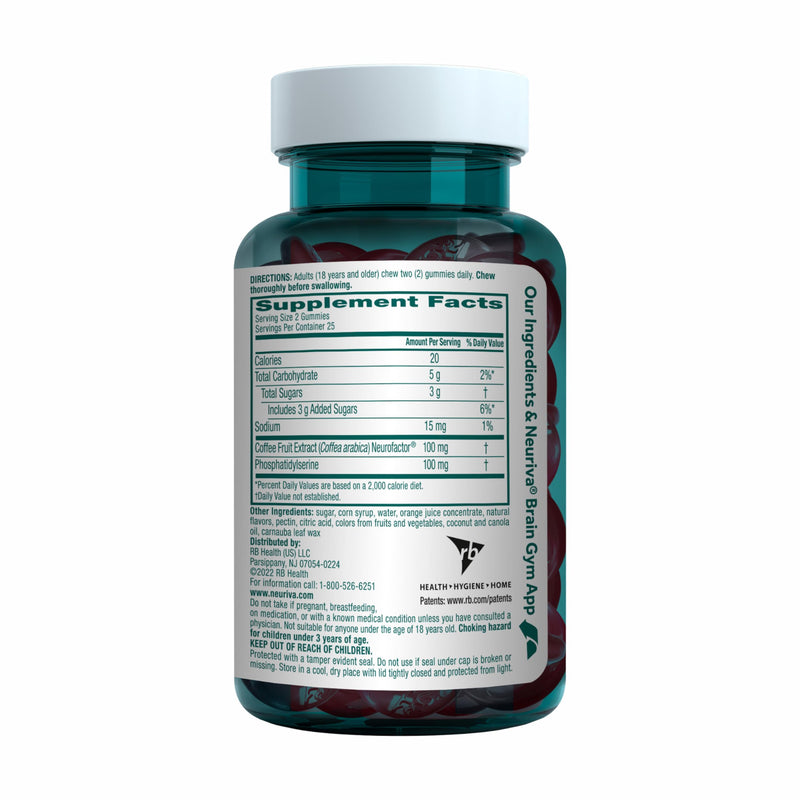 NEURIVA Original Brain Supplements for Memory and Focus, Clinically Tested Nootropics Phosphatidylserine and Neurofactor, Caffeine Free, 50ct Strawberry Gummies | Brain Supplements for Memory and Focus, Phosphatidylserine, Neurofactor, Decaffeinated No...