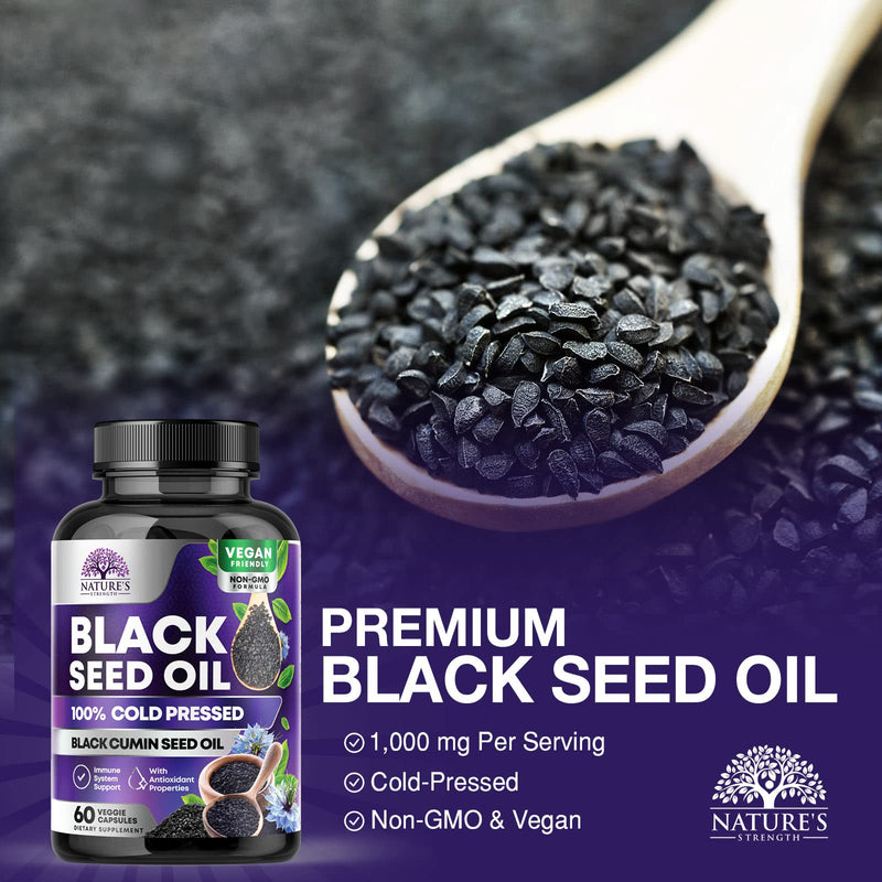 [Australia] - Black Seed Oil Capsules 1000mg - 100% Cold Pressed Blackseed Oil - Nigella Sativa Softgel Capsules for Joint, Hair, Skin & Immune Support, Pure Black Cumin Seed Oil Vegan, Non-GMO - 60 Softgels 60 Count (Pack of 1) 