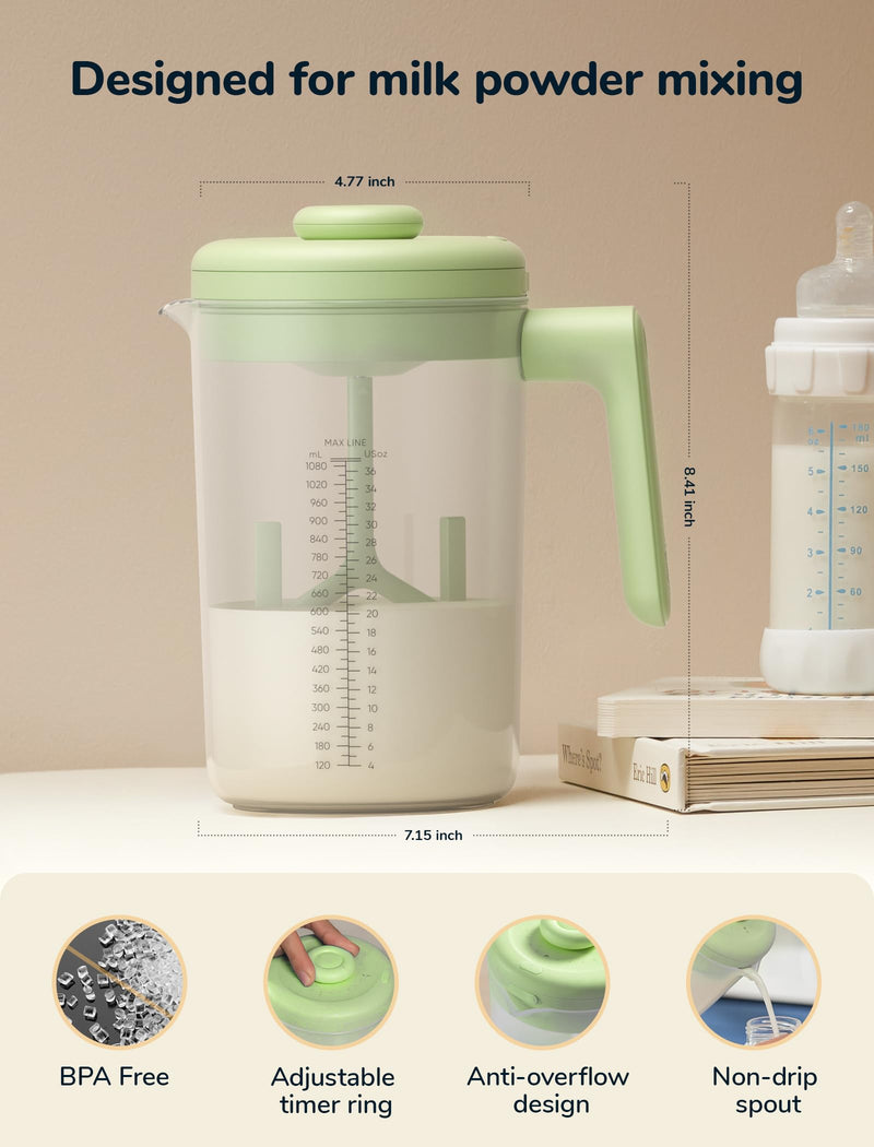 [Australia] - Electric Baby Formula Mixing Pitcher, Bi-directional Alternating Stirring | No Air Bubble | No Clumps | No Drip Spout | Spill-free Lid | Infant Formula Pitcher Mixer 36Oz, BPA Free -Green Green 