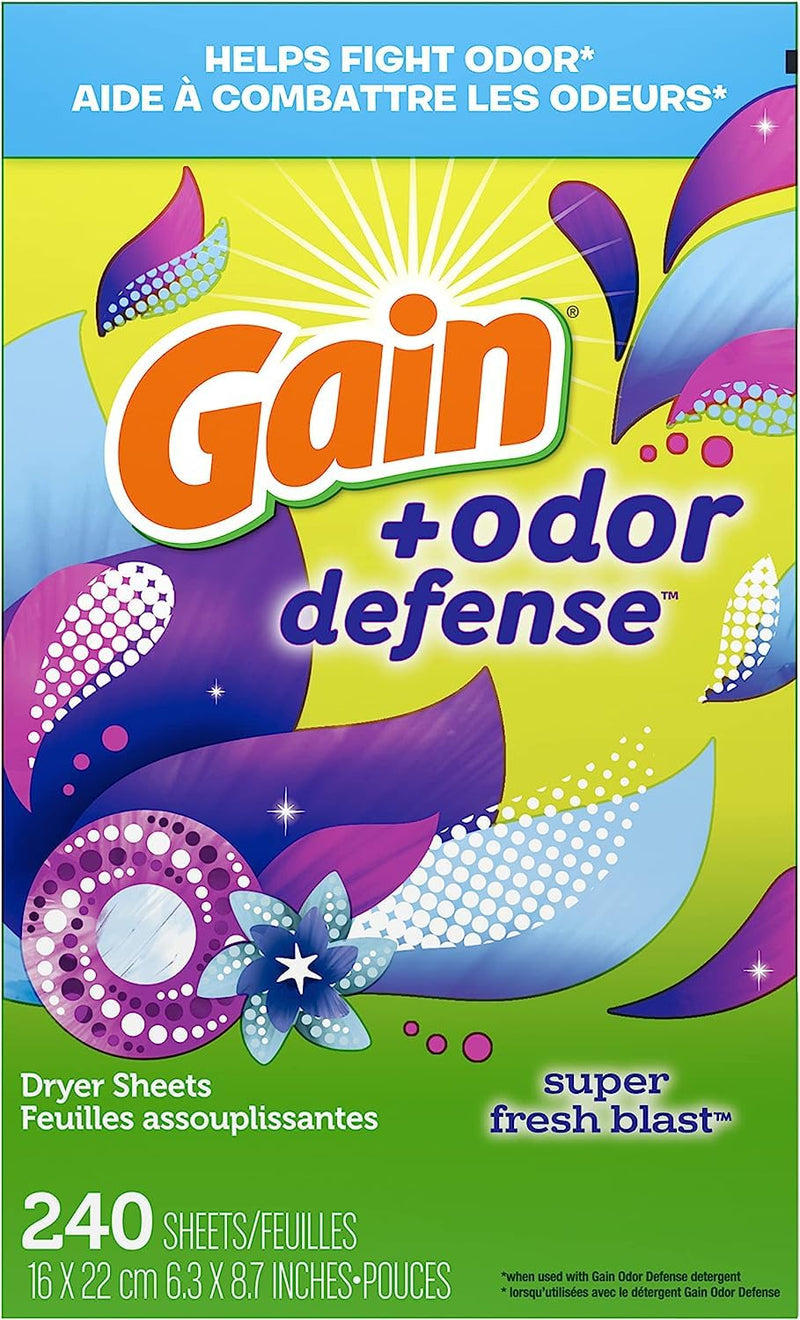 [Australia] - Gain + Odor Defense Dryer Sheets, Super Fresh Blast Scent Fabric Softener Sheets, 240 ct 240 Count (Pack of 1) 