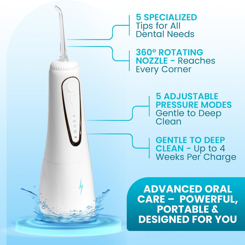 Cordless Water Flosser with 360° Rotating Tip for Easy Reach - Water Dental Flosser for Braces & Dental Care - Electric Water Flosser with USB Charger, Ideal for Travel & Everyday Use