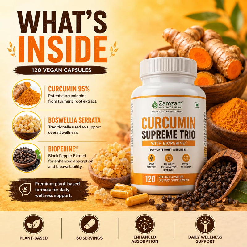 Curcumin Supreme Trio with 95% Curcumin, Boswellia Serrata & BioPerine® | Natural Joint, Mobility & Immune Support | Anti-Inflammatory Turmeric Supplement | 120 Vegan Capsules